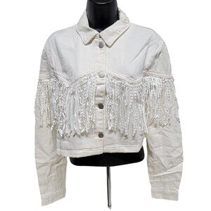 Baevley Ivory Denim Fringe Diva Sparkle Jacket Size M